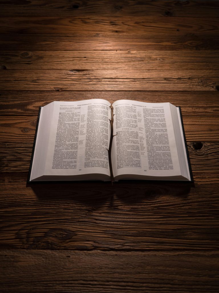 God Says A Bible is opened on a rustic wooden table, highlighted by dramatic lighting for a contemplative atmosphere.
