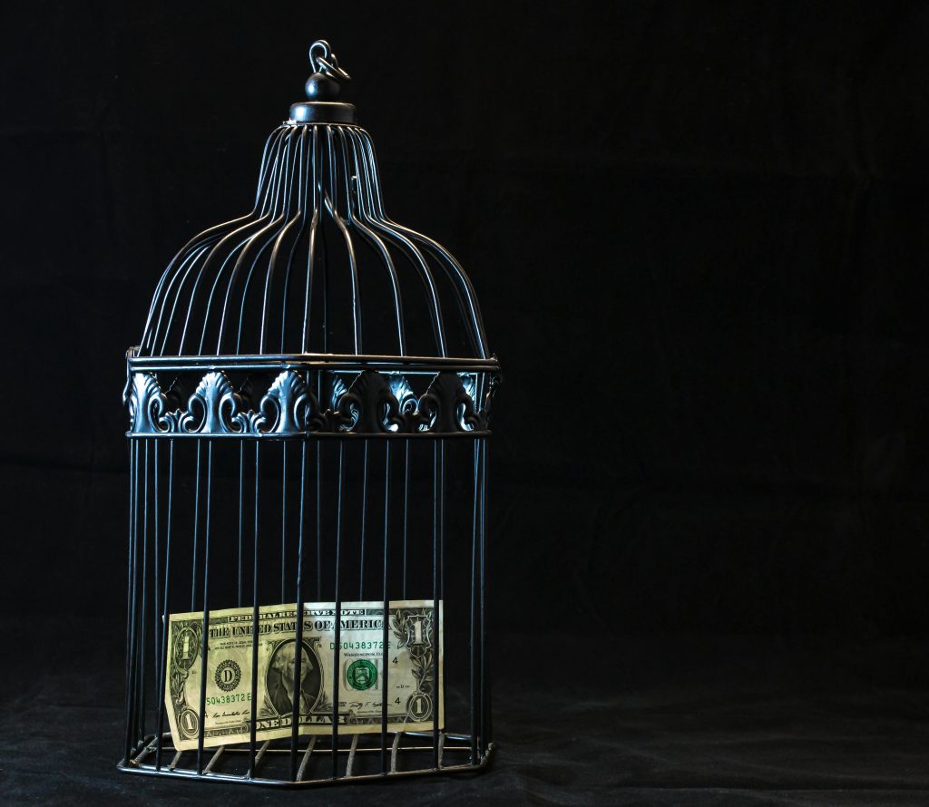 GOD SAVE THE QUEEN — BUT WHO SAVES GHANA? A dollar bill imprisoned in a decorative cage symbolizing financial confinement.